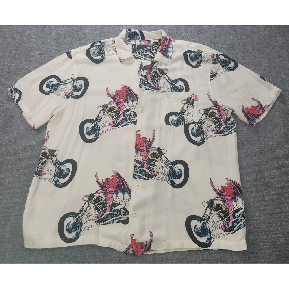 Lost Enterprises Mens Large Succubus Chopper Graphic Button Down Shirt Cream